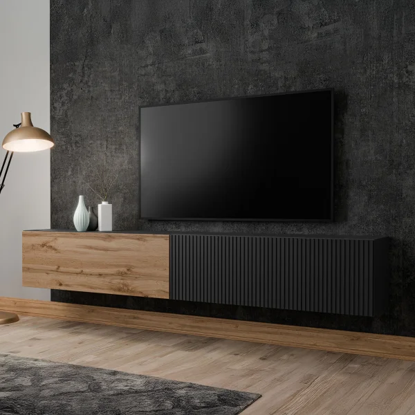 Mobile porta TV sospeso 200x31h cm 2 ante a ribalta nero opaco rovere wotan Mirel