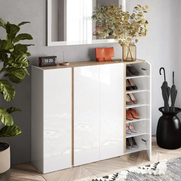 Mobile scarpiera multiuso ingresso 140x111h cm 4 ante bianco lucido rovere Welky