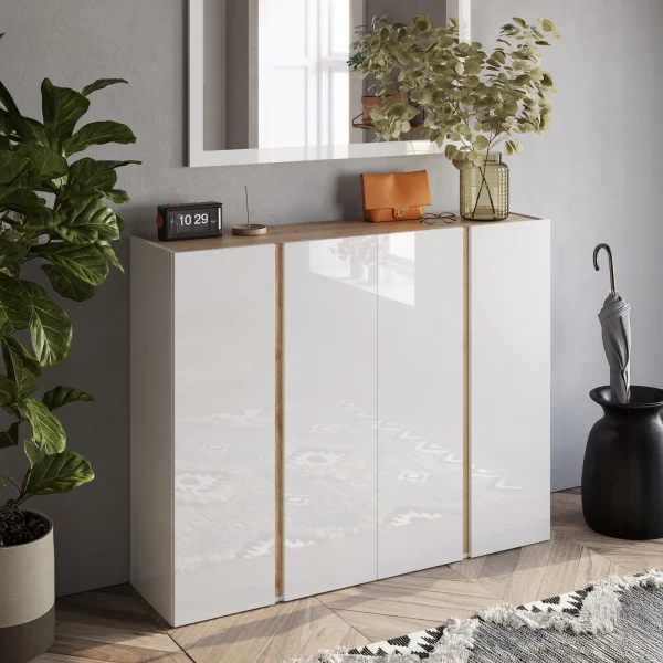 Mobile scarpiera multiuso ingresso 140x111h cm 4 ante bianco lucido rovere Welky