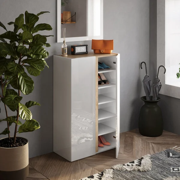 Mobile scarpiera multiuso ingresso 70x111h cm 2 ante bianco lucido rovere Welky