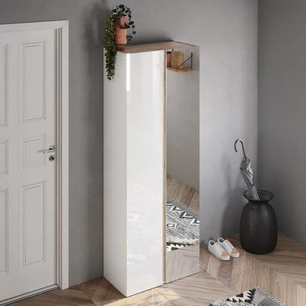 Mobile scarpiera multiuso ingresso 70x185h cm 2 ante 1 anta a specchio bianco lucido rovere Welky