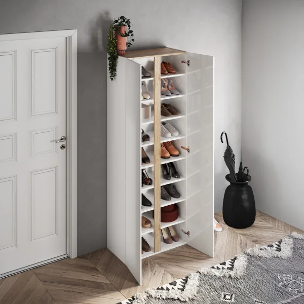 Mobile scarpiera multiuso ingresso 70x185h cm 2 ante 1 anta a specchio bianco lucido rovere Welky