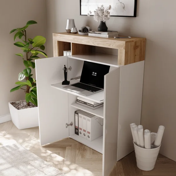 Mobile scrivania ufficio multiuso 108x127h cm con ripiano estraibile bianco lucido rovere Invictus