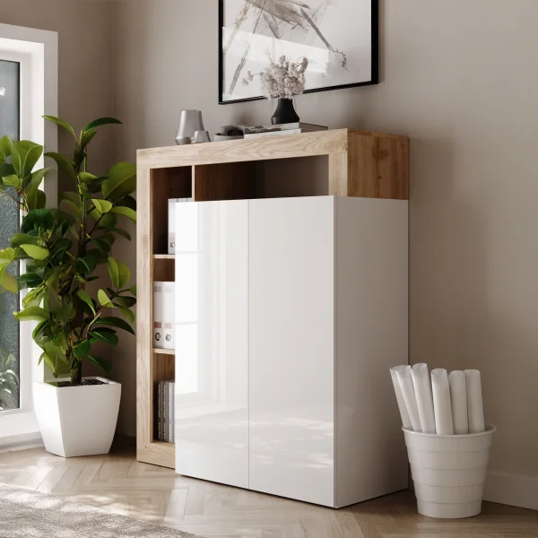 Mobile scrivania ufficio multiuso 108x127h cm con ripiano estraibile bianco lucido rovere Invictus