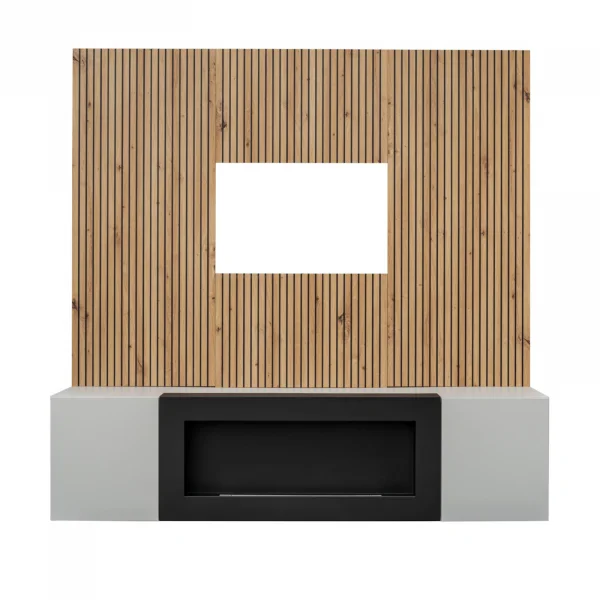 Parete attrezzata con biocamino 160x120h cm pannello effetto cannettato grigio perla rovere Luvox