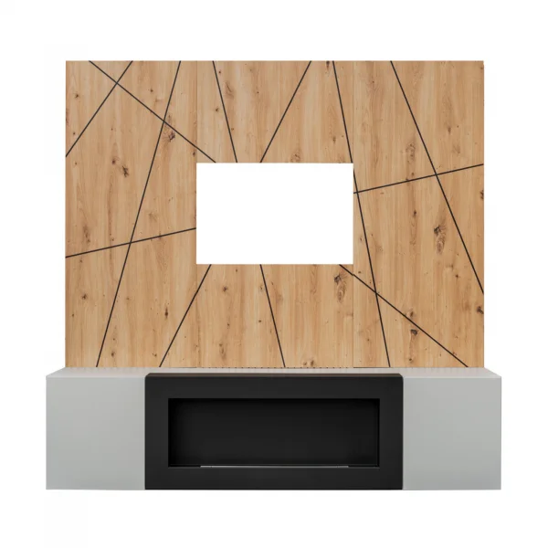 Parete attrezzata con biocamino 160x120h cm pannello effetto geometrico grigio perla rovere Luvox