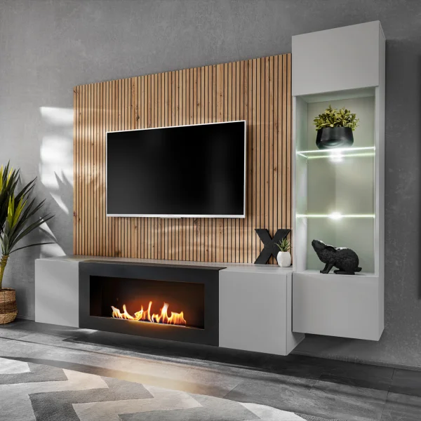 Parete attrezzata con biocamino 200x150h cm pannello effetto cannettato grigio perla rovere Luvox