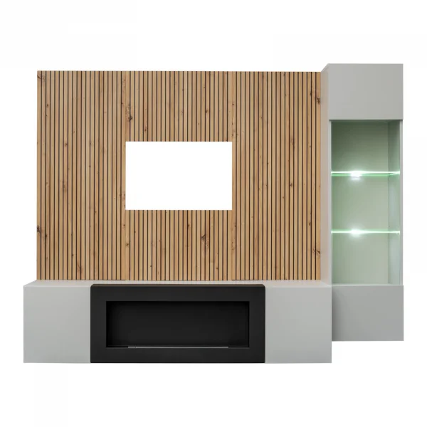 Parete attrezzata con biocamino 200x150h cm pannello effetto cannettato grigio perla rovere Luvox