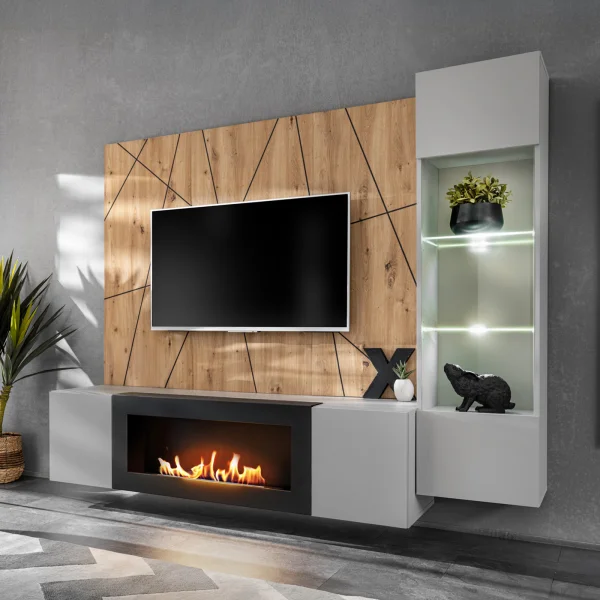 Parete attrezzata con biocamino 200x150h cm pannello effetto geometrico grigio perla rovere Luvox