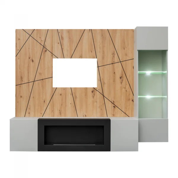 Parete attrezzata con biocamino 200x150h cm pannello effetto geometrico grigio perla rovere Luvox
