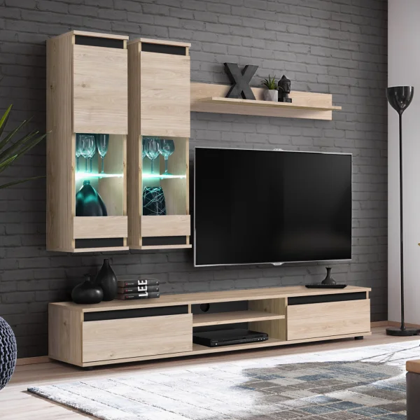 Parete attrezzata soggiorno 175x150h cm moderna rovere naturale nero Siviglia