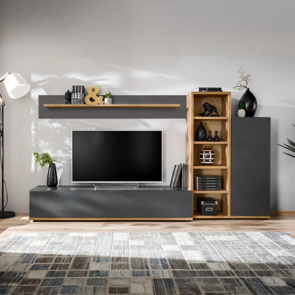 Parete attrezzata soggiorno 240x130h cm moderna antracite rovere Definity