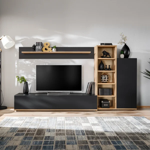 Parete attrezzata soggiorno 240x130h cm moderna nero opaco rovere Definity