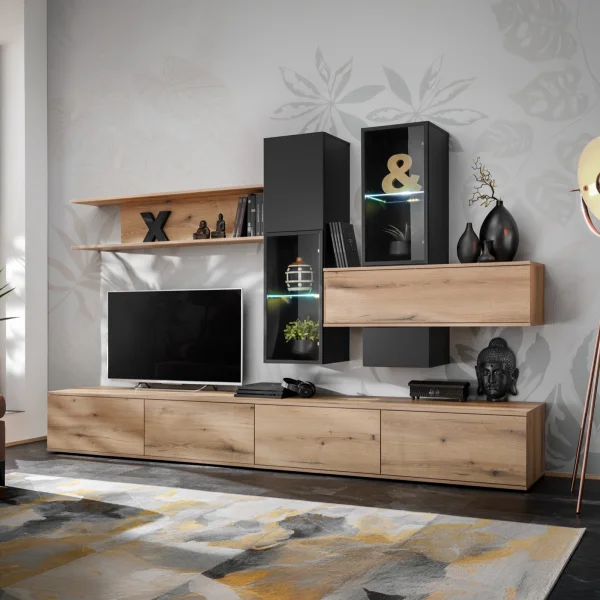 Parete attrezzata soggiorno 280x180h cm moderna nero opaco rovere Linex