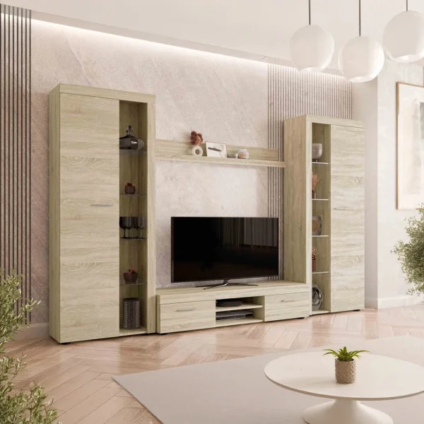 Parete attrezzata soggiorno 300x190h cm con porta tv rovere Haarlem