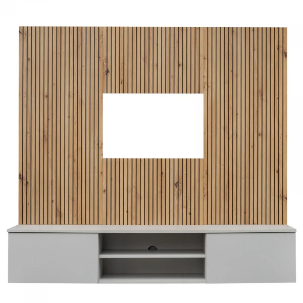 Parete attrezzata sospesa 160x120h cm pannello effetto cannettato grigio perla rovere Luvox