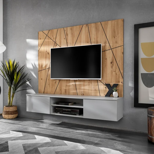 Parete attrezzata sospesa 160x120h cm pannello effetto geometrico grigio perla rovere Luvox
