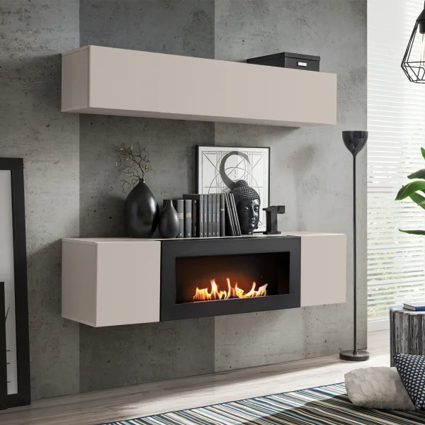Parete attrezzata sospesa 160x150h cm con biocamino beige cashmere Ignis 2 Gihome®