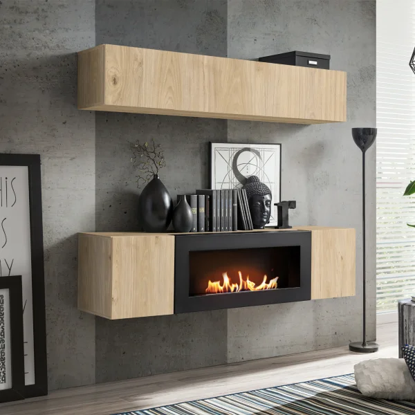 Parete attrezzata sospesa 160x150h cm con biocamino rovere Ignis 2 Gihome®