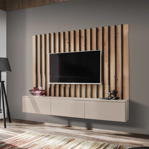 Parete attrezzata sospesa 180x118h cm moderna nero rovere beige cashmere Violina
