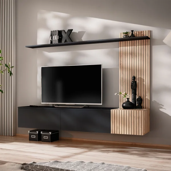 Parete attrezzata sospesa 180x132h cm cannettato nero opaco e rovere Zyra