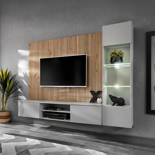 Parete attrezzata sospesa 200x150h cm pannello effetto cannettato grigio perla rovere Luvox