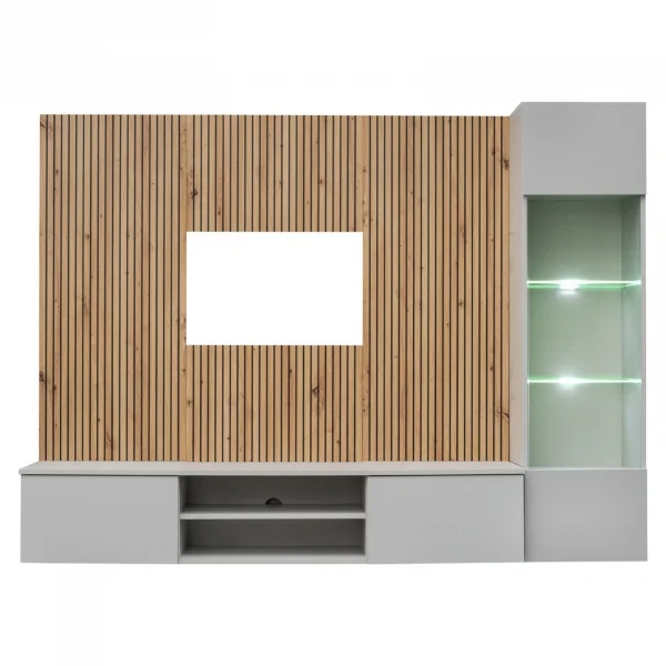 Parete attrezzata sospesa 200x150h cm pannello effetto cannettato grigio perla rovere Luvox
