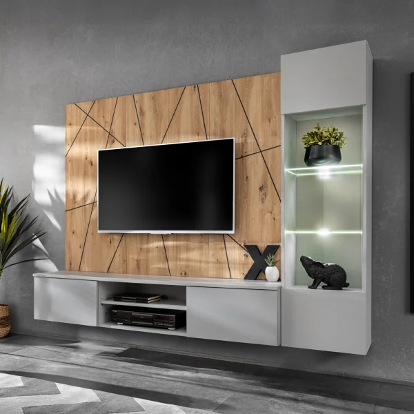 Parete attrezzata sospesa 200x150h cm pannello effetto geometrico grigio perla rovere Luvox
