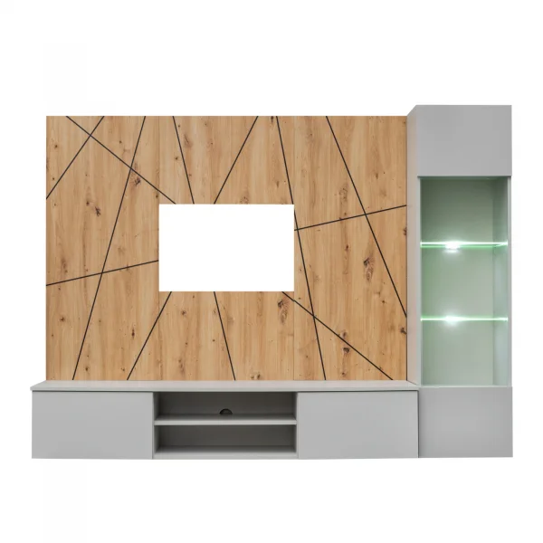 Parete attrezzata sospesa 200x150h cm pannello effetto geometrico grigio perla rovere Luvox