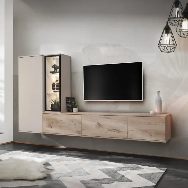 Parete attrezzata sospesa 210x125h cm moderna beige cashmere rovere Nuvia