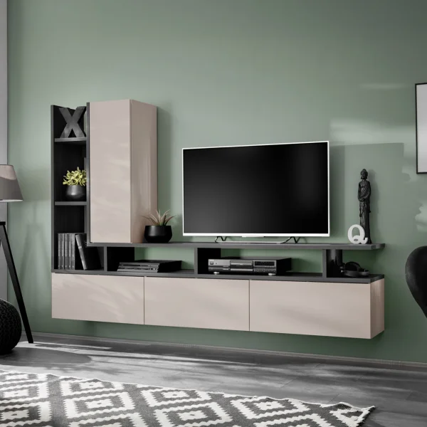 Parete attrezzata sospesa 210x140h cm moderna antracite beige cashmere Fylea