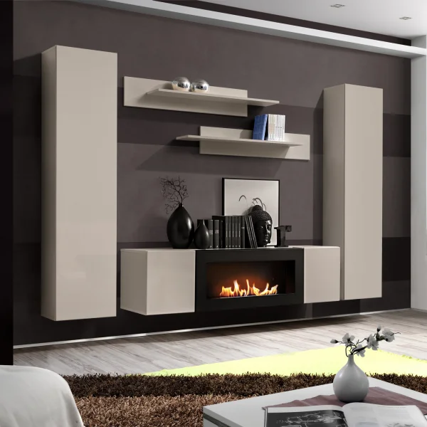Parete attrezzata sospesa 260x170h cm con biocamino beige cashmere Ignis Gihome®