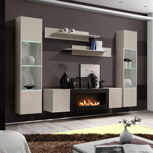 Parete attrezzata sospesa 260x170h cm con biocamino e vetrine beige cashmere Ignis Gihome®