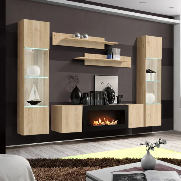 Parete attrezzata sospesa 260x170h cm con biocamino e vetrine rovere Ignis Gihome®