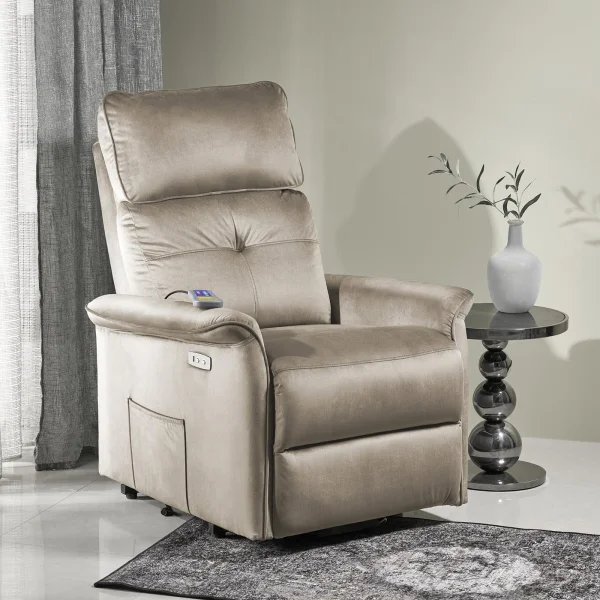 Poltrona alzapersona reclinabile elettrica massaggiante con USB in velluto beige Nyx