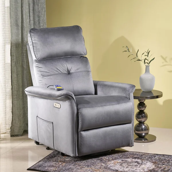 Poltrona alzapersona reclinabile elettrica massaggiante con USB in velluto grigio Nyx