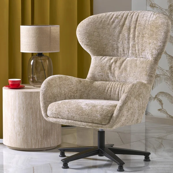 Poltrona design girevole imbottita in tessuto beige Mappy