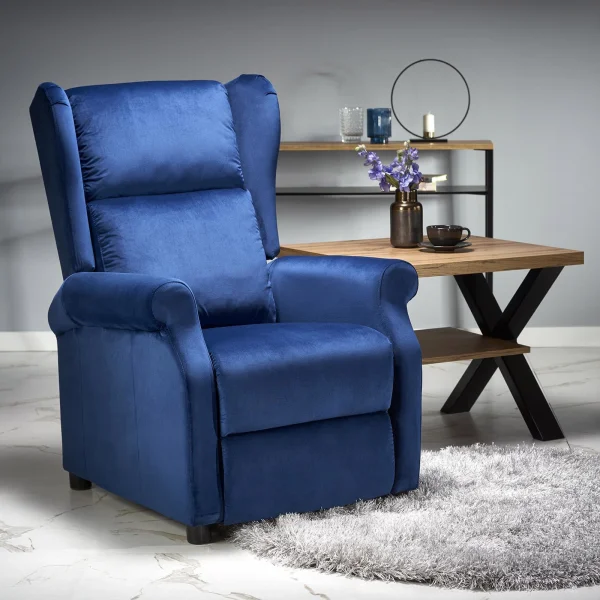 Poltrona reclinabile imbottita in velluto blu Cassiopea