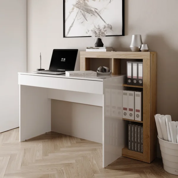 Scrivania 138x50cm con libreria e 1 cassetto bianco lucido rovere Invictus