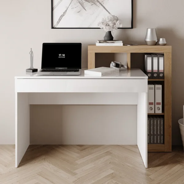 Scrivania 138x50cm con libreria e 1 cassetto bianco lucido rovere Invictus