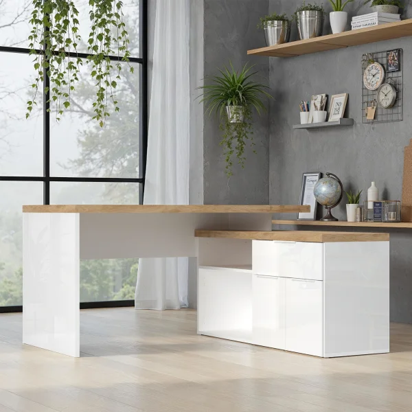Scrivania angolare ufficio 140x120cm bianco lucido rovere chiaro Opera