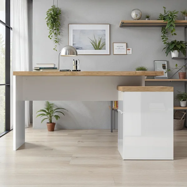 Scrivania angolare ufficio 140x120cm bianco lucido rovere chiaro Opera
