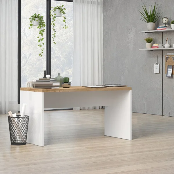Scrivania ufficio 138x75cm bianco lucido rovere chiaro Opera