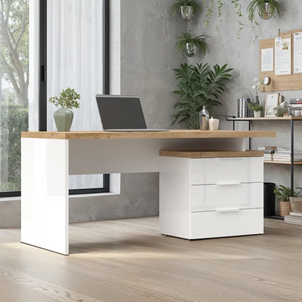Scrivania ufficio 160x75cm con cassettiera bianco lucido rovere chiaro Opera