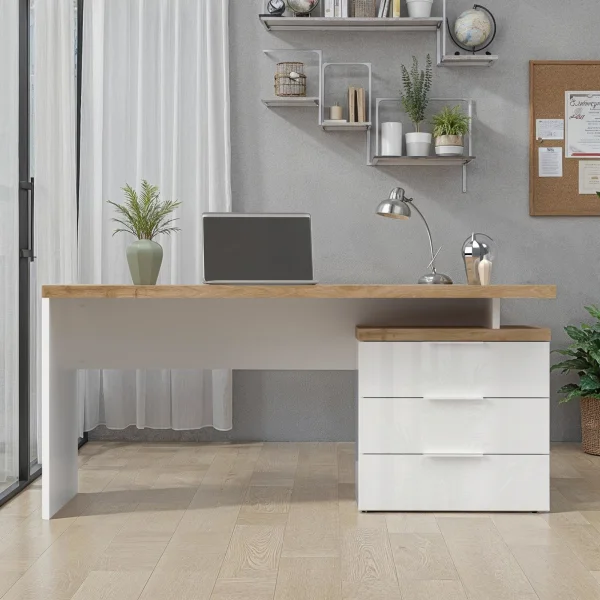 Scrivania ufficio 160x75cm con cassettiera bianco lucido rovere chiaro Opera