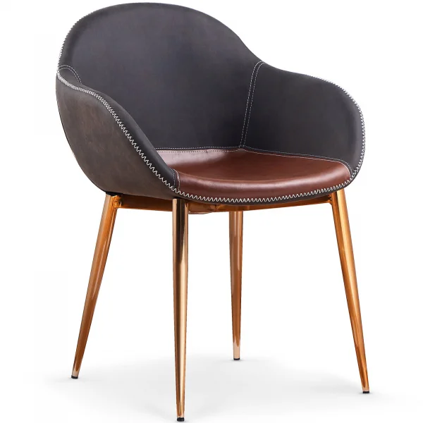 Sedia con braccioli imbottita in ecopelle marrone cromato oro Bliss
