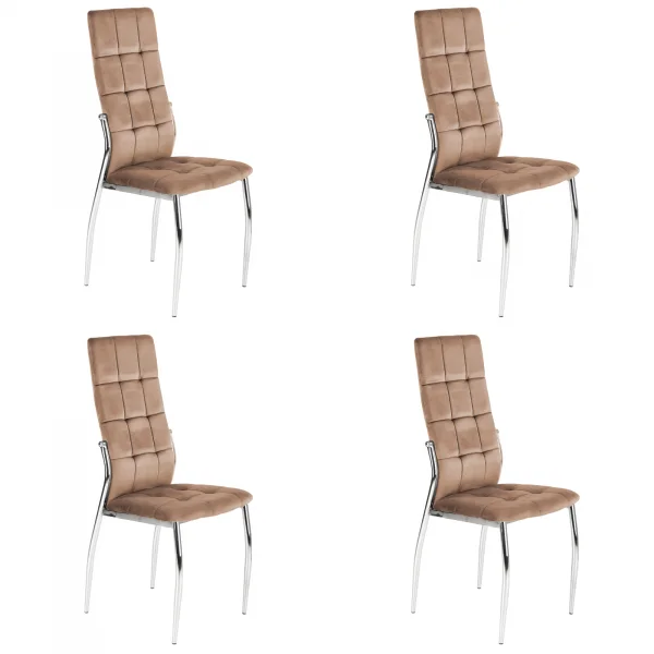 Set 4 sedie moderne imbottite in velluto beige acciaio cromato Reina