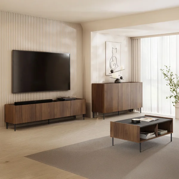 Set mobili soggiorno completo ripiano effetto marmo nero noce Caliva