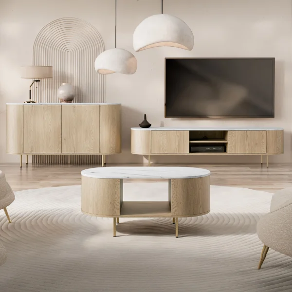 Set mobili soggiorno completo rovere effetto marmo bianco Roundi