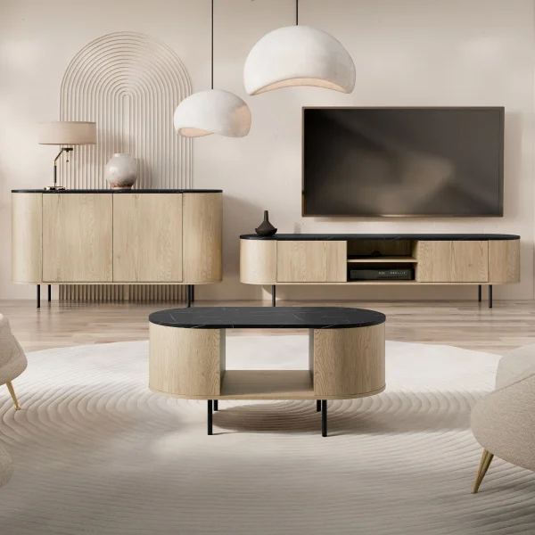 Set mobili soggiorno completo rovere effetto marmo nero Roundi